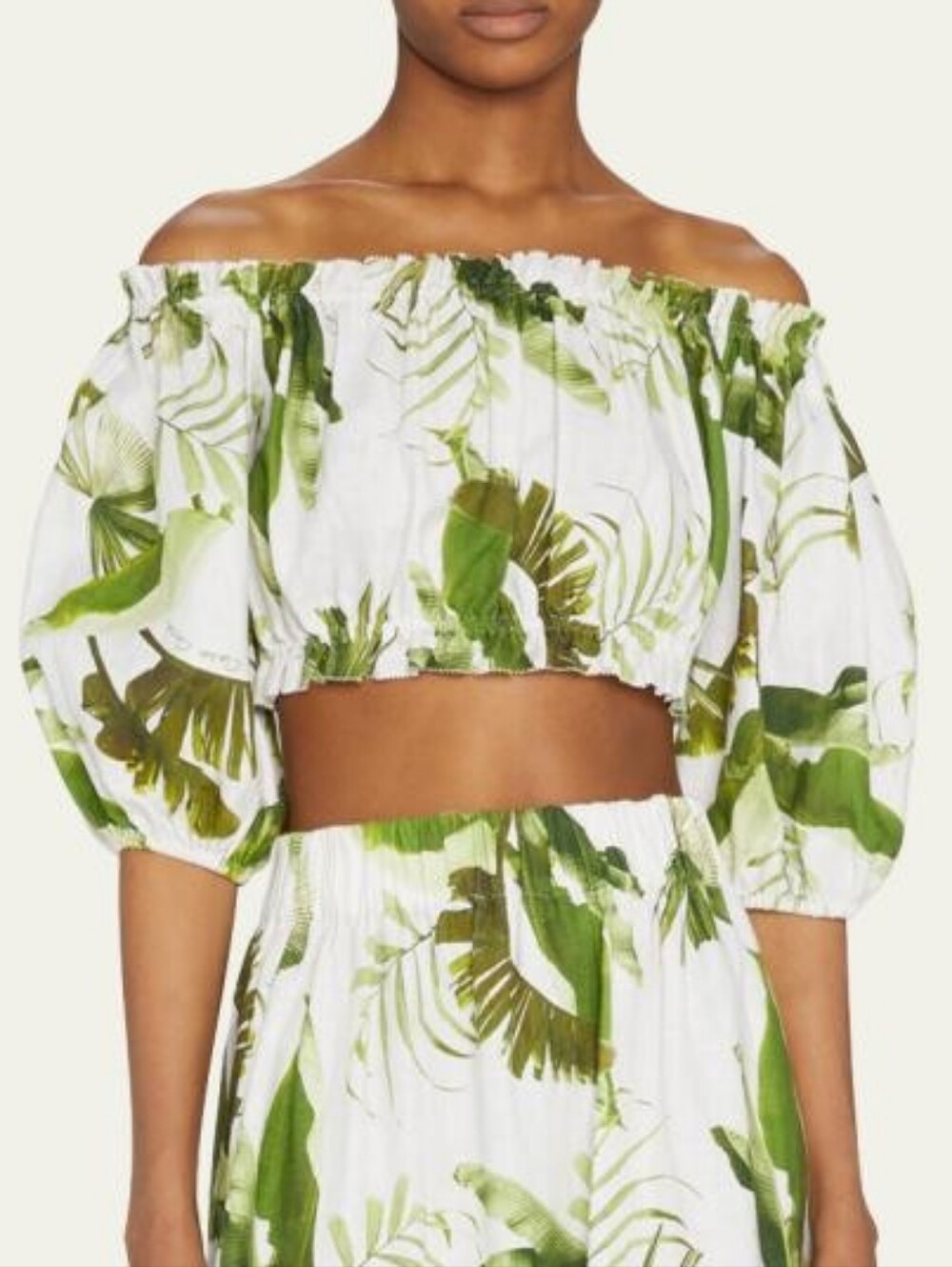 CARA CARA Dana Leaf Off-The-Shoulder Puffed-Sleeve Linen Crop Top | SZ XS